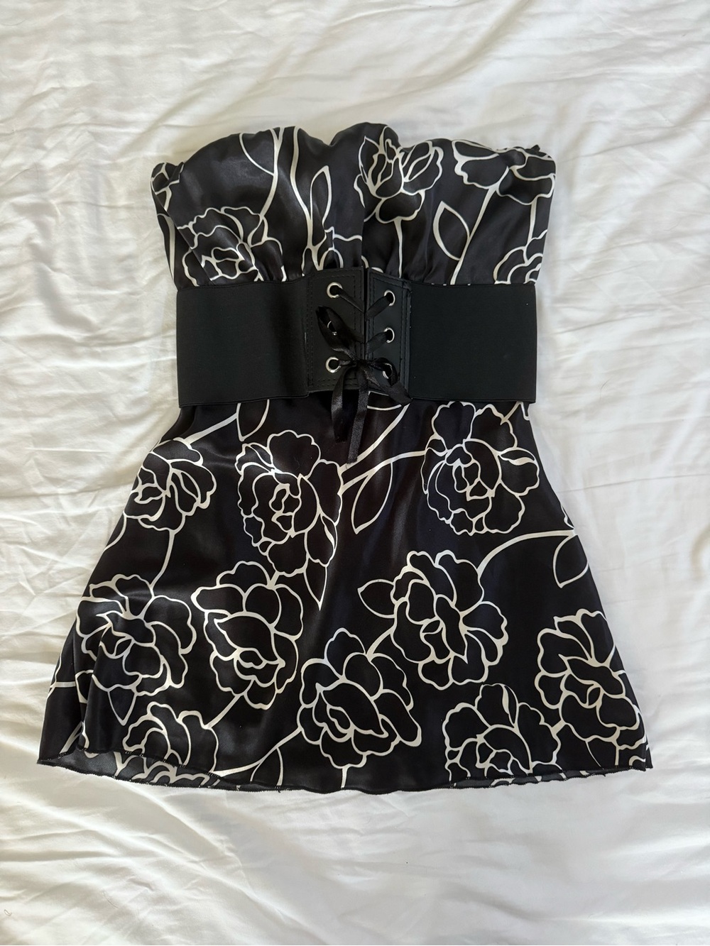Strapless Black Satin Floral top with Lace-Up Waist